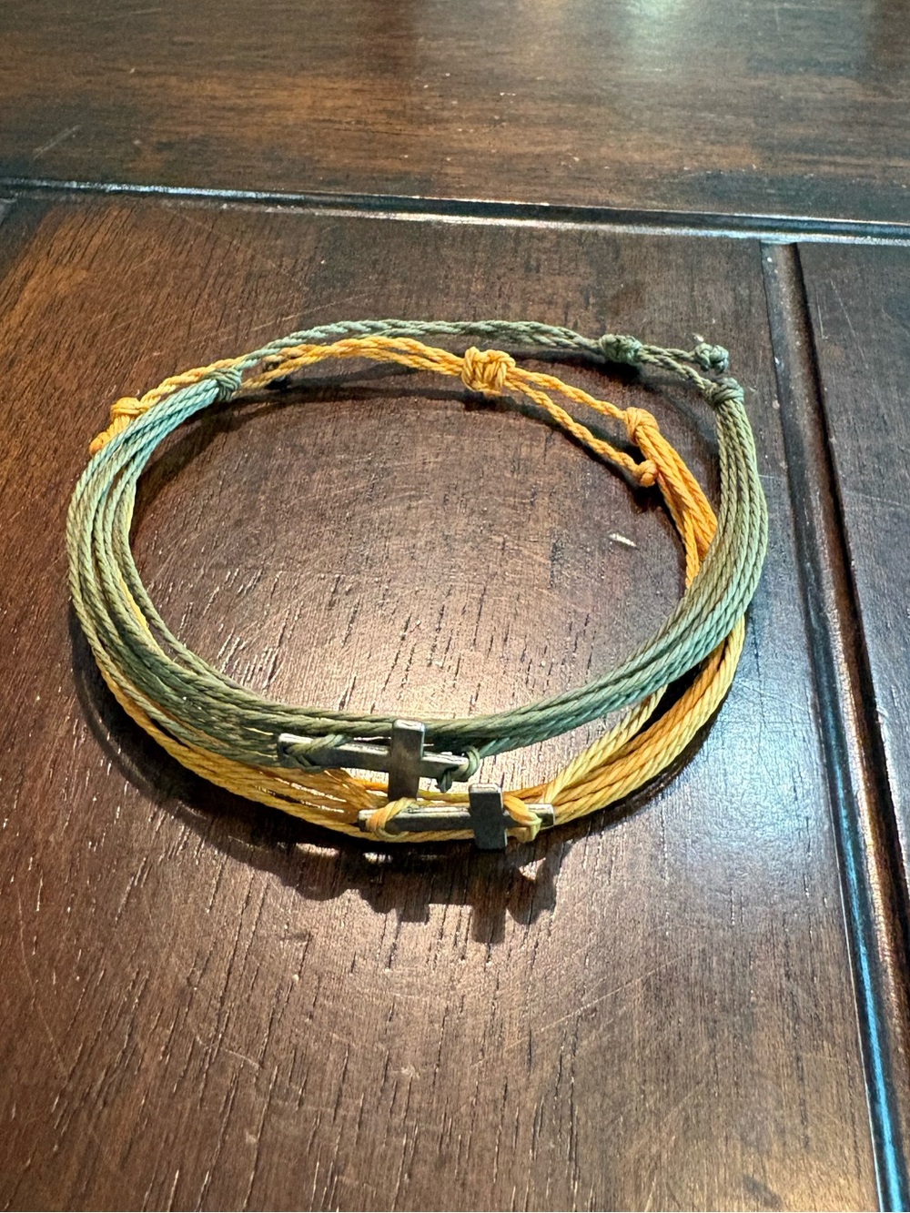 2 Pack Layered Silver Cross Cord Adjustable Bracelets — Green & Orange